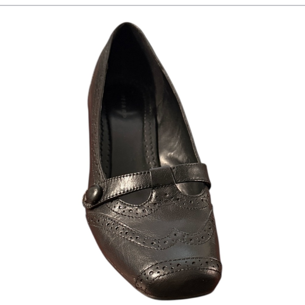 Pesaro Black Vintage Retro Brogue Mary Jane Kitten Heel Square Toe Shoes Sz 39